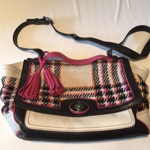 Coach large satchel cream colored purse with plaid